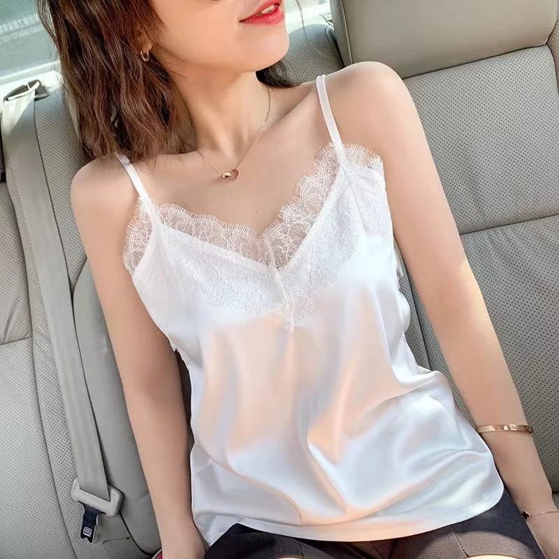 Summer Lace V-Neck Silk Tank Top – Women's Slim Fit Chiffon Camis Blouse for Office or Casual Wear