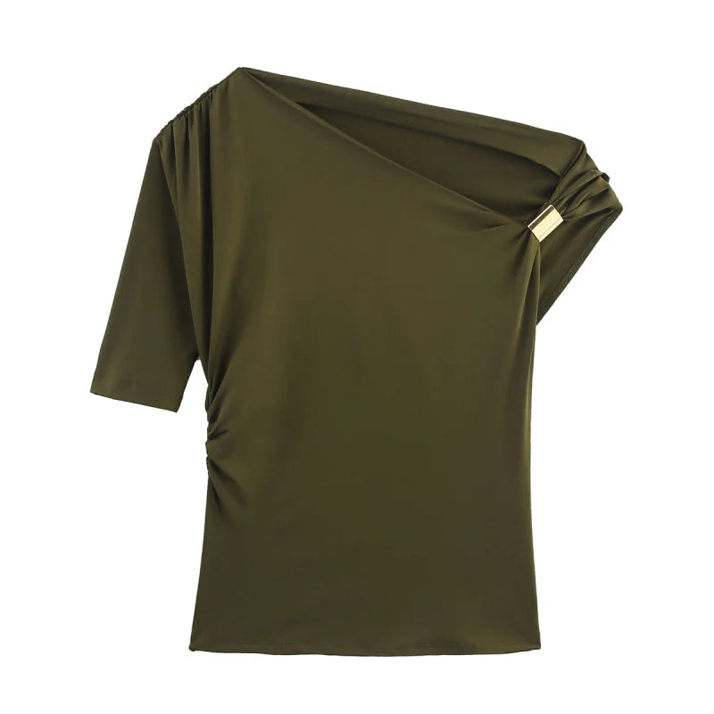 Women's Elegant Asymmetric Off-Shoulder Slim T-Shirt – Sexy Short Sleeve Casual Top for Summer Night Out