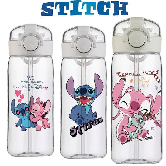 Cute Disney Stitch 400ML Clear Plastic Water Bottle – Leakproof Outdoor Sports Cup with Straw for Kids and Students