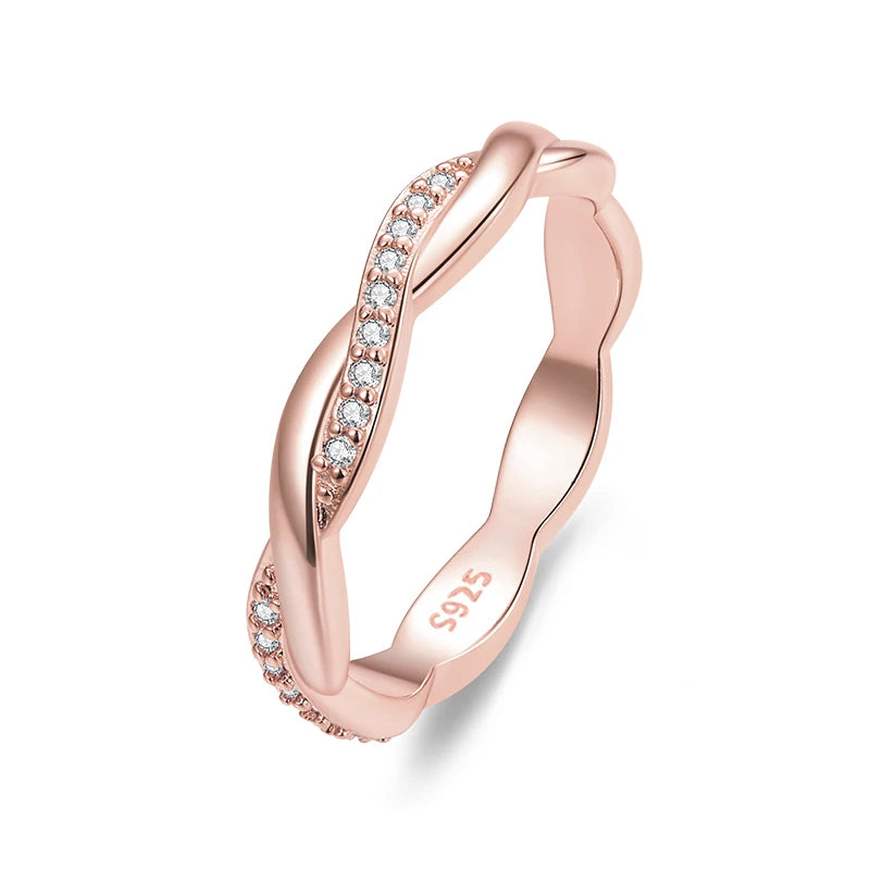 925 Sterling Silver Twisted Eternity Ring with Cubic Zirconia – 14K Gold Plated Wedding Band for Women