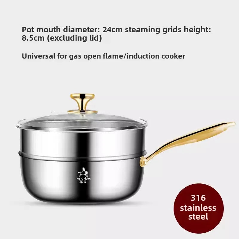 316 Stainless Steel Small Wok with Lid – Golden Handle Deepened Flat Bottom Soup Pot & Non-Stick Pan
