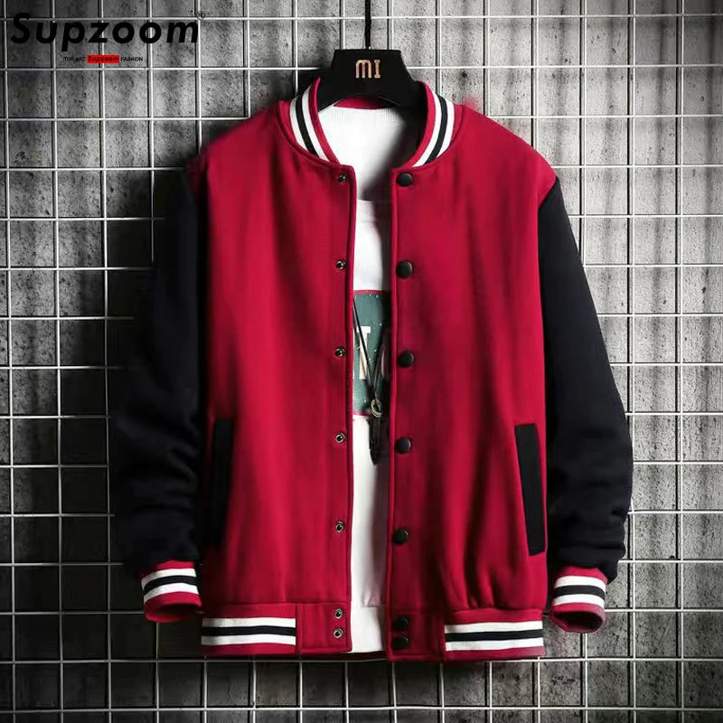 Supzoom Fleece Bomber Jacket for Men – Casual Baseball Uniform Style with Rib Sleeves and Cotton Lining