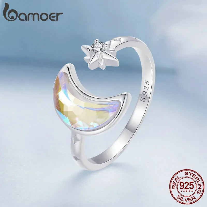 Sterling Silver Adjustable Moon and Star Ring – 925 Silver Cocktail Jewelry for Women