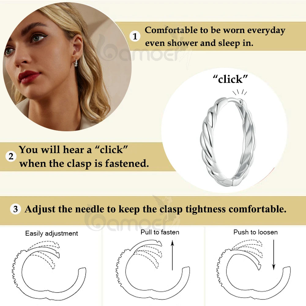 Sterling Silver Twisted Rope Huggie Hoop Earrings – White Gold Plated Lightweight Hypoallergenic Design