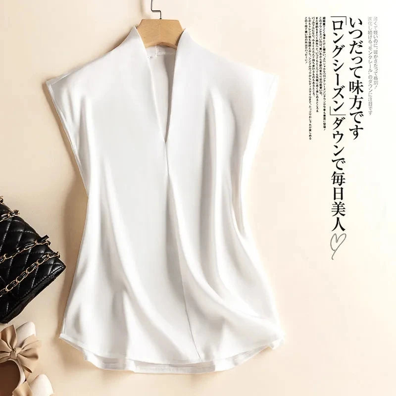 Silk-Blend Coffee V-Neck Sleeveless Blouse – Chic Casual Pullover for Women, Summer Korean Fashion