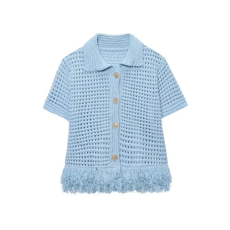 Women's Elegant Knit Two-Piece Set – Tassel Embellished Hollow Out Short Sleeve Blouse & Mini Skirt