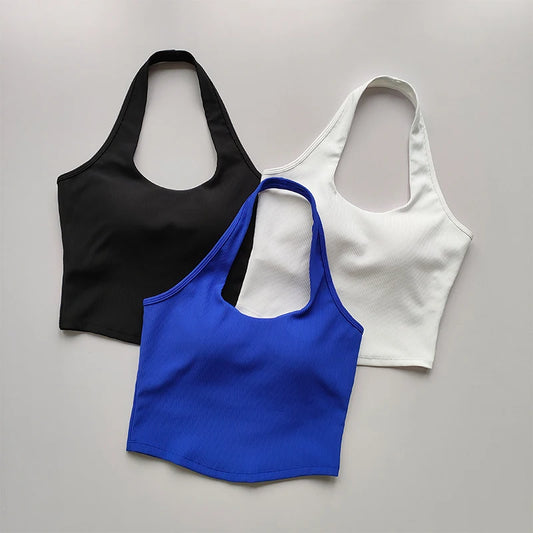 Women's One-Piece Cup Shockproof Sports Bra – Hanging Neck Fitness Tank Top