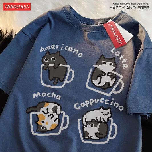 Cat Coffee Cotton T-Shirt – Fun Mocha Latte Print, Loose Fit Summer Tee for Men and Women