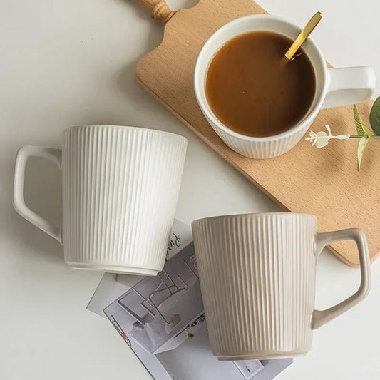 500ml Ceramic Coffee Mug – Nordic Style Solid Color Relief Stripe Cup for Milk, Juice, or Water
