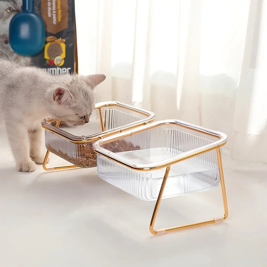Transparent Double Cat Bowl with Tilted Stand – Anti-Slip Raised Pet Feeder for Food and Water