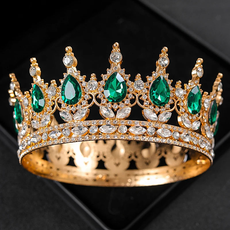 Baroque Round Rhinestone Wedding Crown – Vintage Crystal Tiara Headpiece for Bridal, Queen, or Pageant Looks