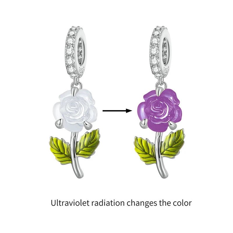 925 Sterling Silver Rose Hanging Charm – Color-Changing Flower Pendant for Bracelet or Necklace DIY