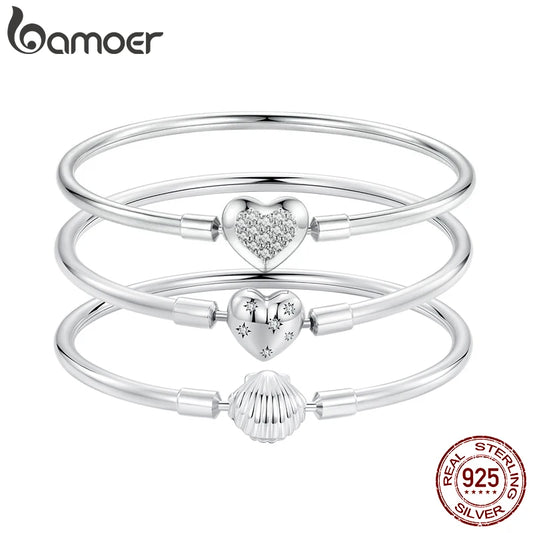 Sterling Silver Charm Bangle with Heart or Shell Design – Classic 925 Basic Bracelet for Women DIY Jewelry