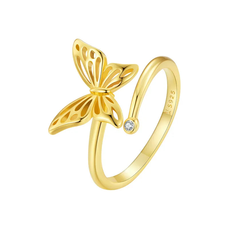 925 Sterling Silver Adjustable Butterfly Ring for Women – 14K Gold Plated Cocktail Ring in 2 Colors