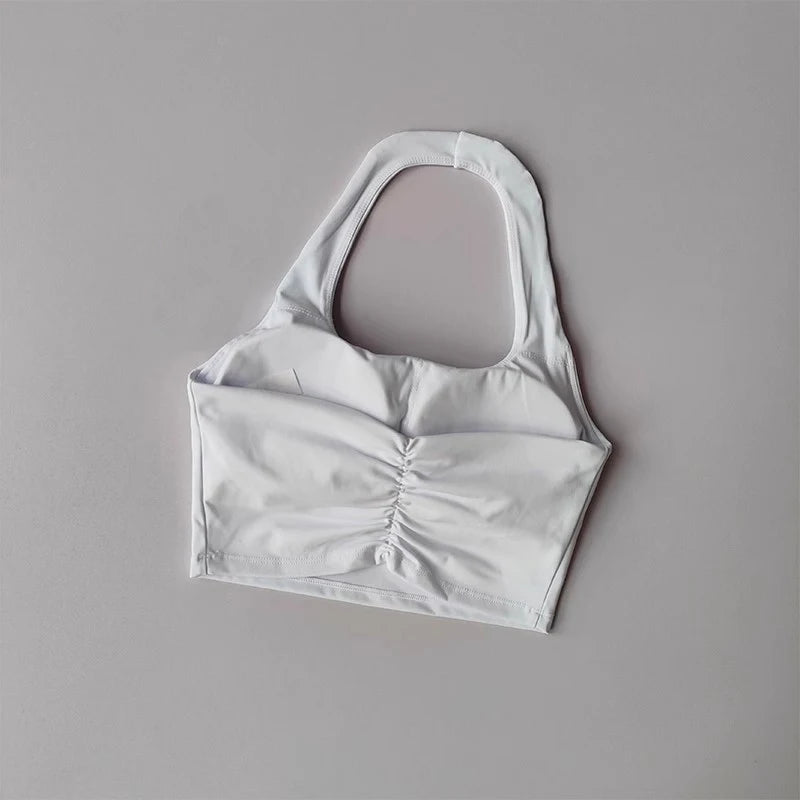 Women's Pleated Halter Sports Bra – Padded, Backless, Stylish Summer Activewear