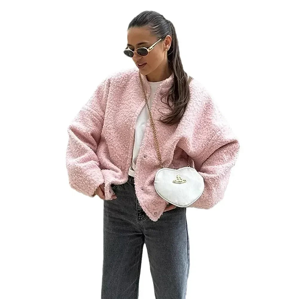 Women's Short Faux Fur Jacket – Thick Loose Fit Casual Cardigan-Style Coat for Autumn and Winter