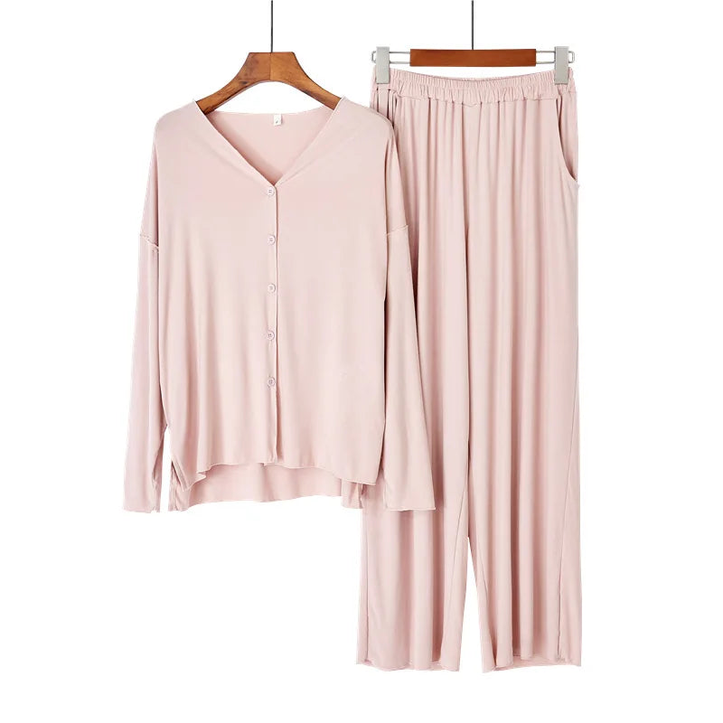Women's 2-Piece Knit Pajama Set – Long Sleeve V-Neck Cardigan and Pants Loungewear for Winter and Spring Comfort
