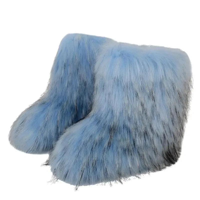 Women's Faux Fur Winter Snow Boots – Mid-Calf Plush Furry Slip-On Boots with Warm Lining and Rubber Sole