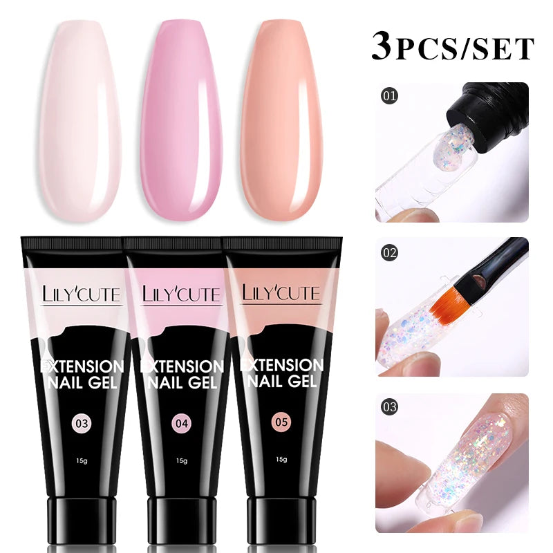15ml Nail Extension Gel Kit – Soak Off UV Acrylic Gel in White, Clear & Pink for Home or Salon Nail Art