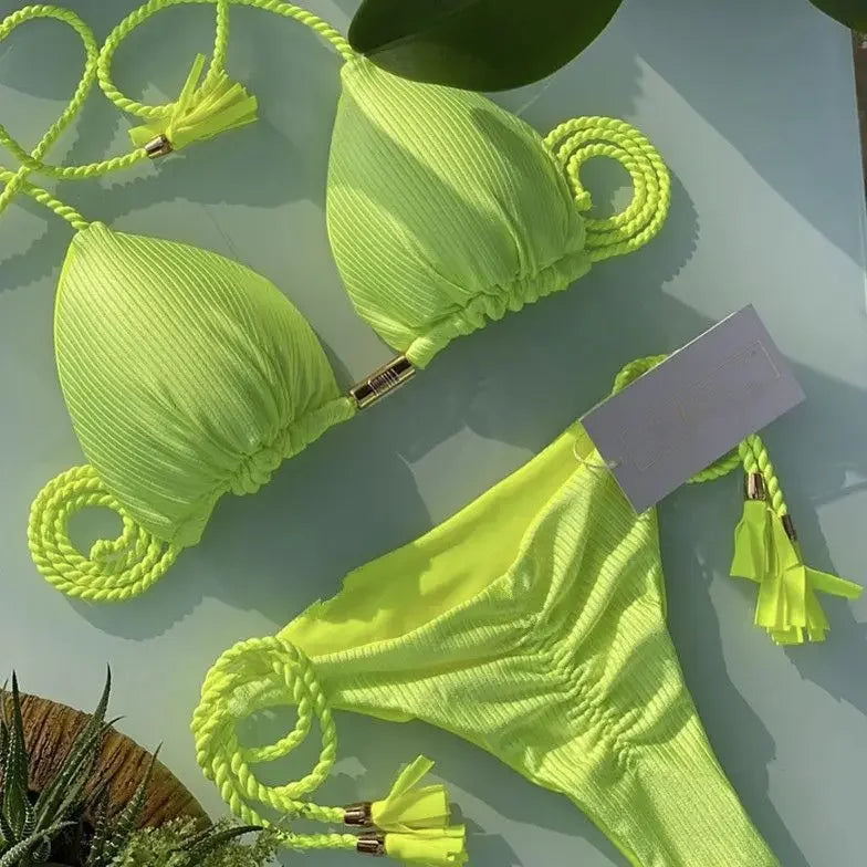 Women’s Solid Color Rope Bikini Set – Multicolor Two-Piece Swimsuit with Special Fabric, Wire-Free Beach Style Swimwear