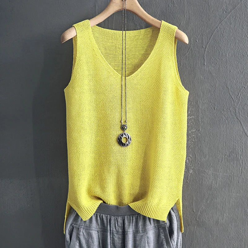 Sleeveless Knitted V-Neck Blouse for Women – Summer Casual Straight-Fit Top