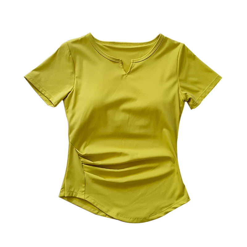 V-Neck Yoga Training Top – Women's Short Sleeve Tie-Front Gym Shirt with Built-In Bra
