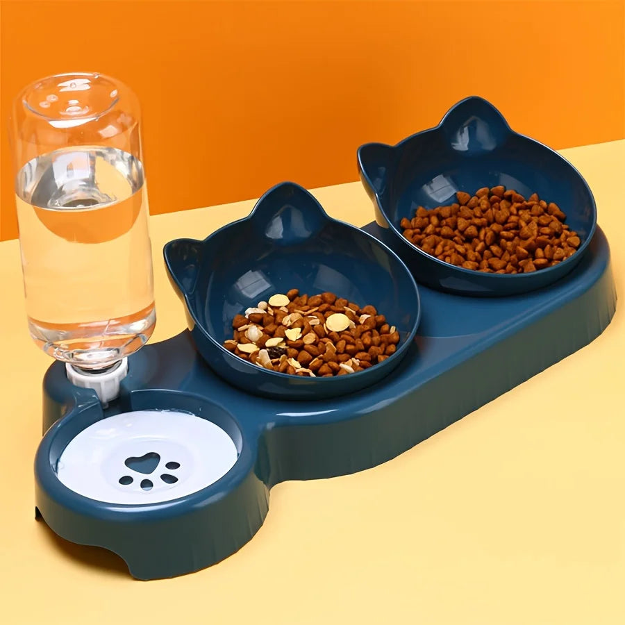 3-in-1 Tilted Cat Food and Water Bowl Set with Gravity Water Feeder – Ergonomic Raised Design for Neck Protection