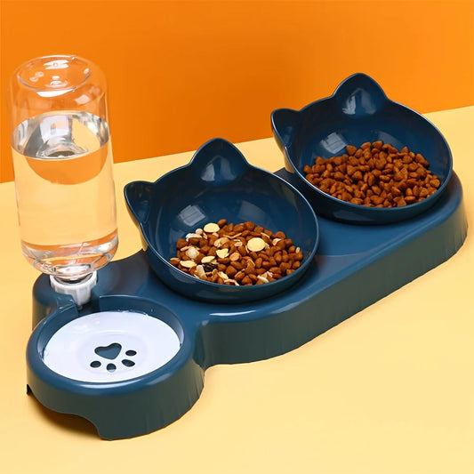3-in-1 Tilted Cat Food and Water Bowl Set with Gravity Water Feeder – Ergonomic Raised Design for Neck Protection