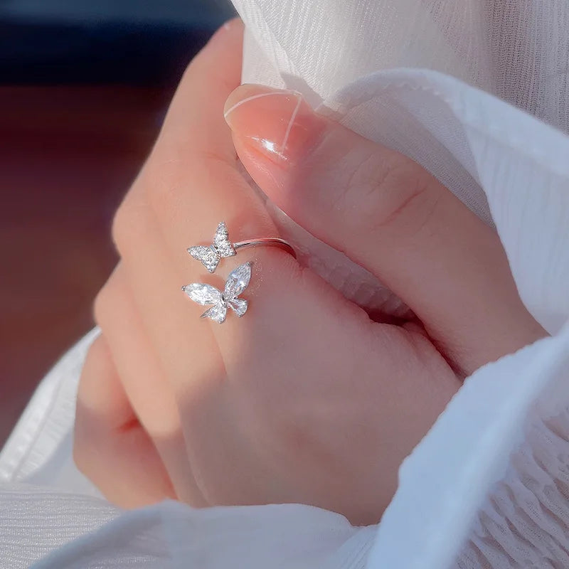 925 Sterling Silver Butterfly Open Ring with Zircon – Elegant Adjustable Cocktail Ring for Women