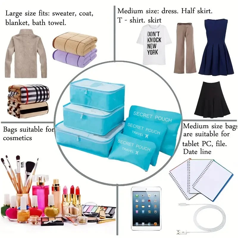 6-Piece Waterproof Travel Storage Bag Set – Large Capacity Oxford Packing Organizers for Clothes, Underwear, and Accessories
