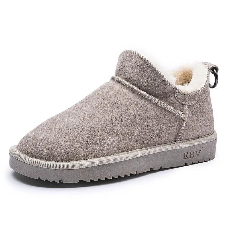 Women's Cow Suede Snow Boots – Short Plush Lined Mid-Calf Winter Boots with Anti-Slip Sole