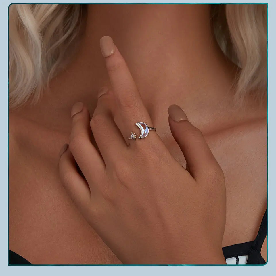 Sterling Silver Adjustable Moon and Star Ring – 925 Silver Cocktail Jewelry for Women