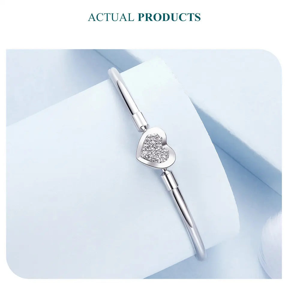 Sterling Silver Charm Bangle with Heart or Shell Design – Classic 925 Basic Bracelet for Women DIY Jewelry