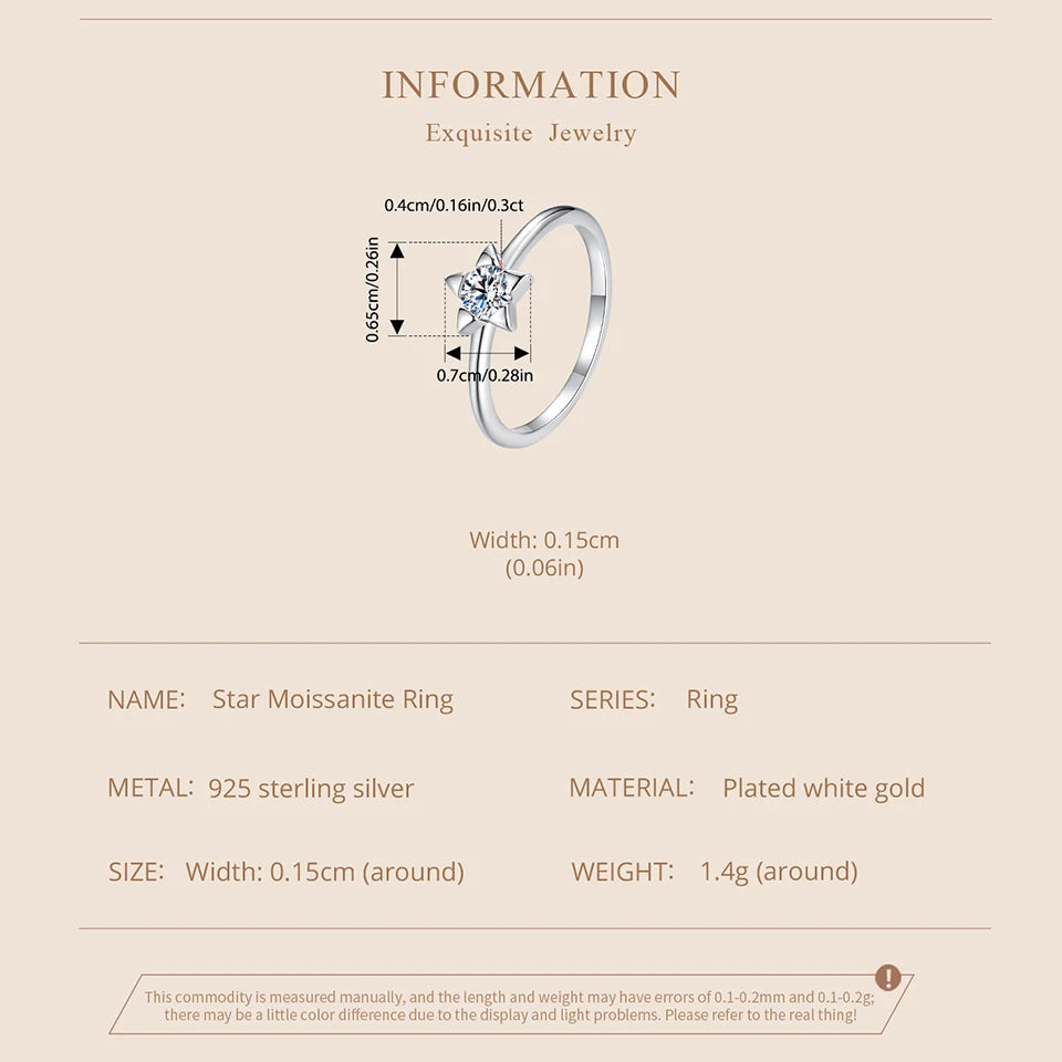 Star-Shaped Moissanite Ring – 0.3 Carat D Color VVS1 Stone on 925 Sterling Silver Pave Band for Women