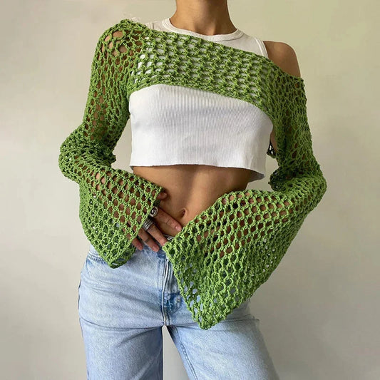 Y2K Green Smocked Knit Crop Top – Backless Hollow Out Long Sleeve Party Blouse for Women