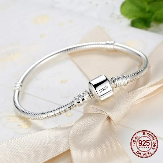 100% Authentic 925 Sterling Silver 3MM Snake Chain Bangle Bracelet for Women – Adjustable 16–23CM Luxury Jewelry