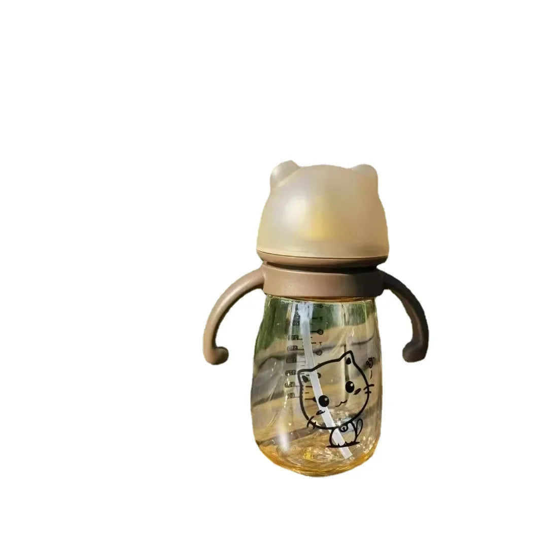 300ml PPSU Baby Bottle with Straw – Wide-Caliber Feeding Cup with Double Handles, Drop-Proof Design for Infants and Toddlers