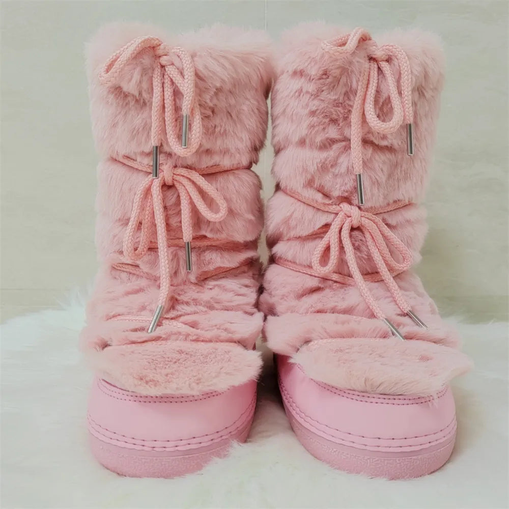 Women's Mid-Calf Snow Boots with Faux Rabbit Fur – Waterproof Winter Platform Ski Boots