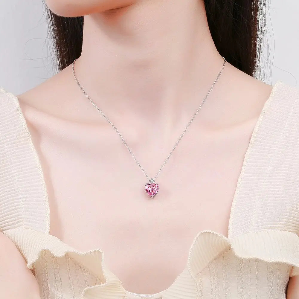 925 Sterling Silver Pink Heart Zircon Necklace – Romantic Chain Necklace for Women