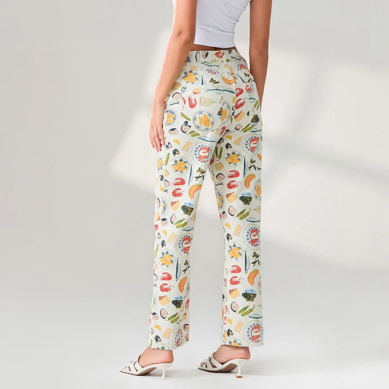 Women's Y2K Fruit Print Wide Leg Jeans – High Waist Loose Fit Straight Denim Pants with Pockets for Vintage Streetwear
