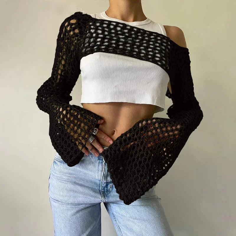 Y2K Green Smocked Knit Crop Top – Backless Hollow Out Long Sleeve Party Blouse for Women