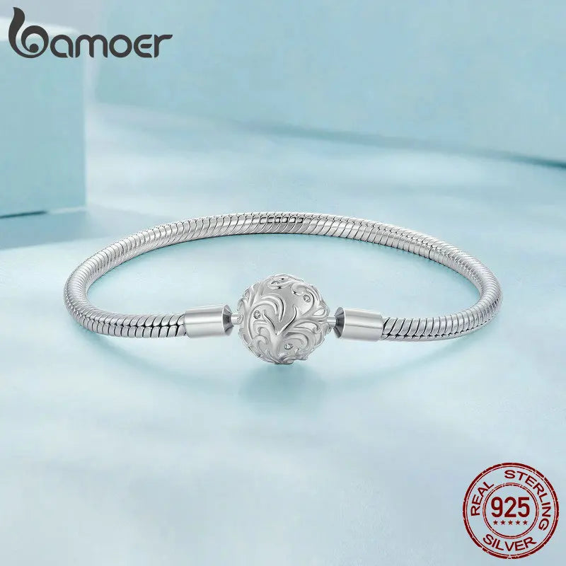 Sterling Silver Snake Chain Charm Bracelet with Retro Clasp – Adjustable 17–19cm Gift for Women