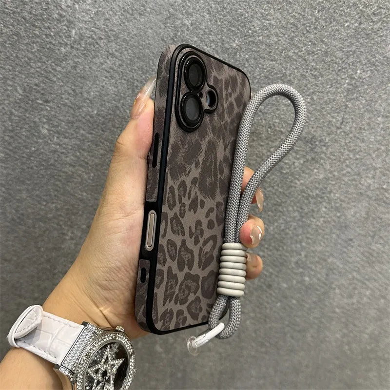 Cartoon Leopard Print Leather Case for iPhone 11/12/13/14/15/16 Series – Matte Cover with Wrist Strap, Lanyard, and Camera Lens Protection