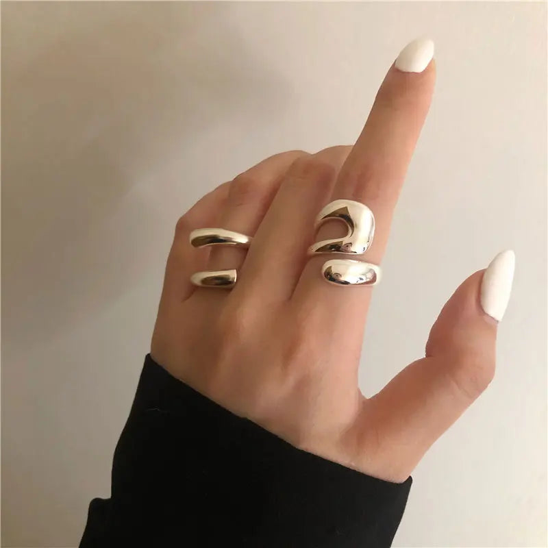 2-Piece Geometric Hollow Wide Rings – Gold-Tone Waterproof Layered Statement Jewelry for Women