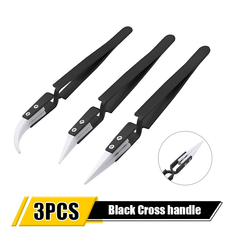 1/3pcs Ceramic Tip Stainless Steel Tweezers Set – Anti-Static Heat & Acid Resistant Soldering Tools