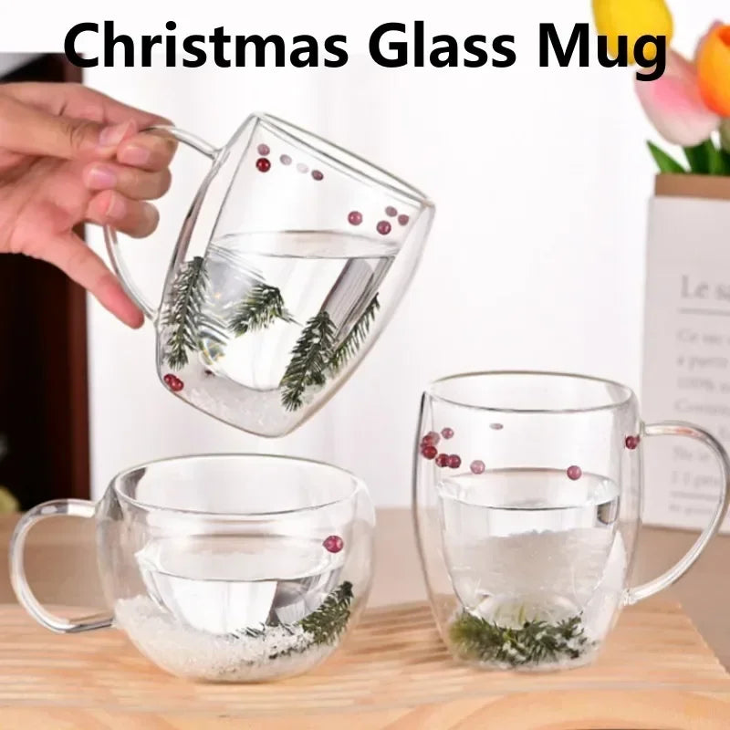 200/350ml Double Wall Glass Christmas Mug – Pine Leaf Snow Scene Coffee Cup, Heat-Insulated Holiday Drinkware