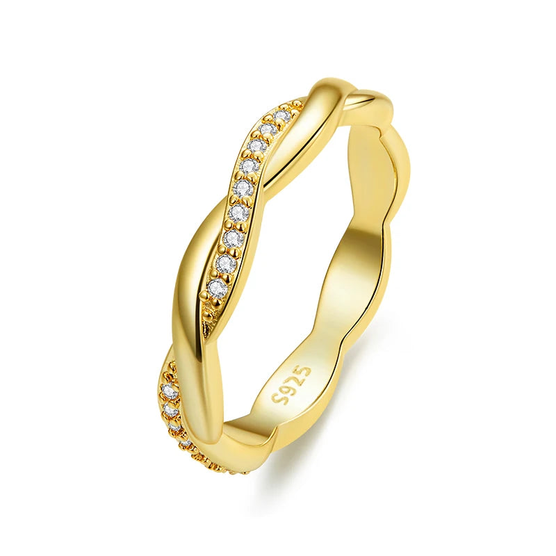 925 Sterling Silver Twisted Eternity Ring with Cubic Zirconia – 14K Gold Plated Wedding Band for Women