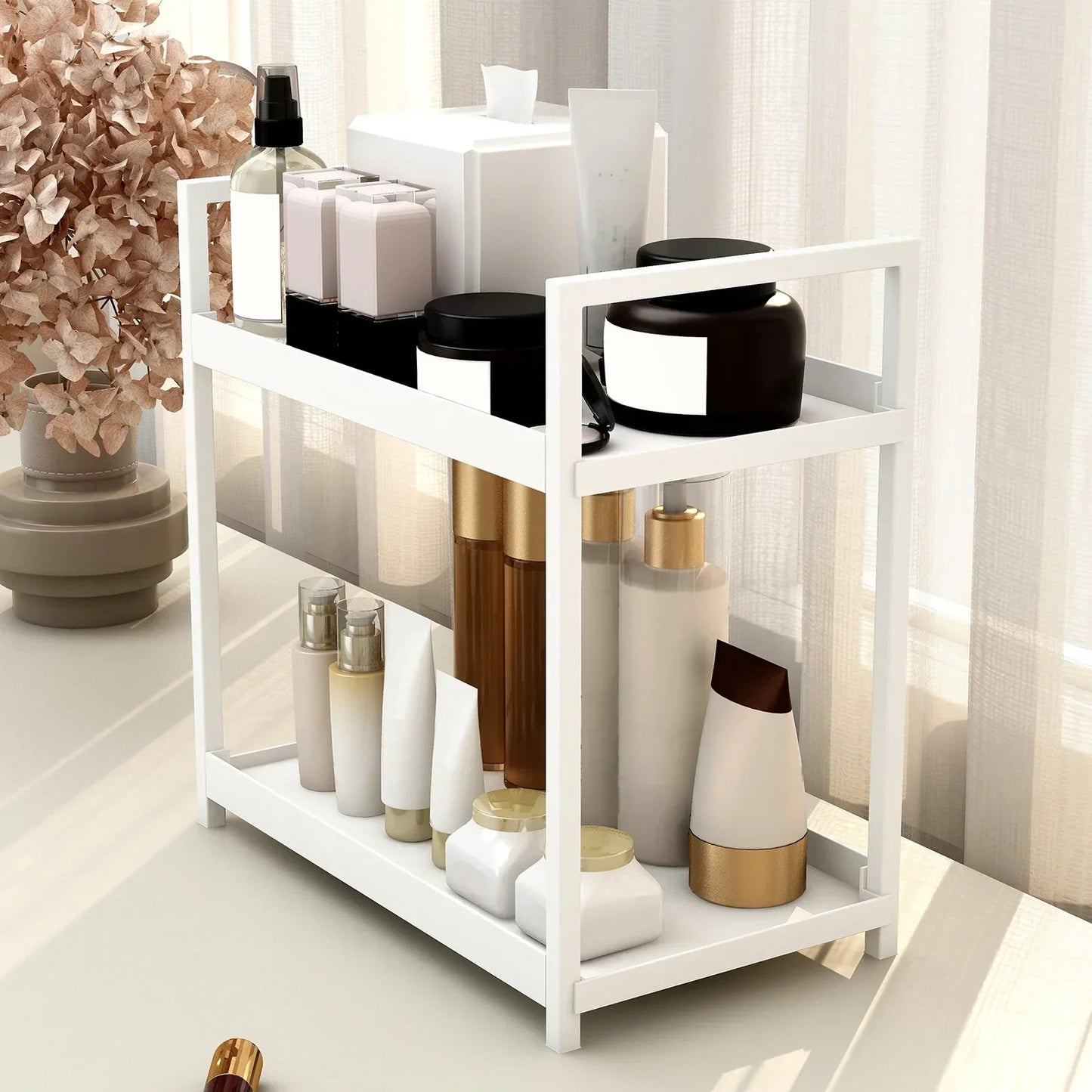 2-Tier Sliding Under Sink Organizer – Double-Layer Cabinet Basket Rack with Hooks and Hanging Cup for Kitchen or Bathroom