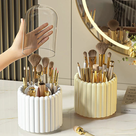 360° Rotating Makeup Brush Holder with Lid – Dustproof Lipstick & Cosmetic Organizer Storage Box