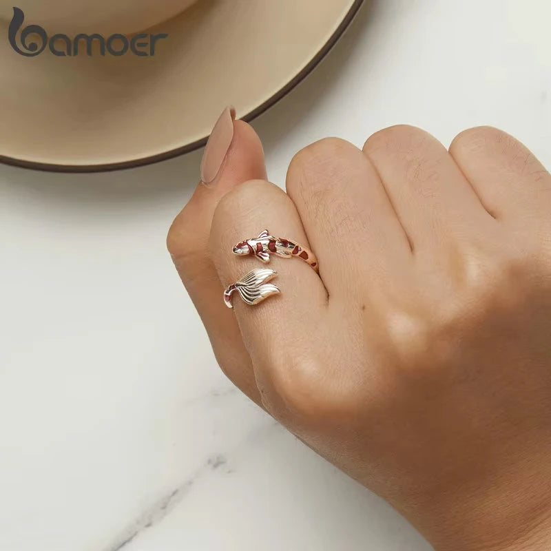 Adjustable Red Koi Fish Ring in 925 Sterling Silver – Lucky Animal Cocktail Ring with Zircon Detail